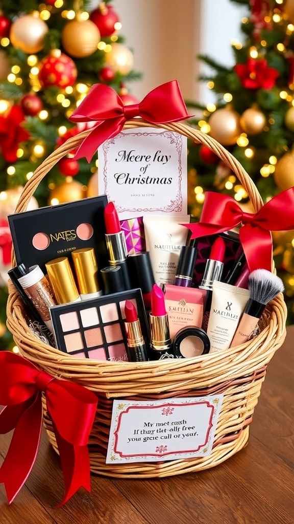 A Christmas makeup basket filled with colorful cosmetics and skincare items, decorated for the holidays.